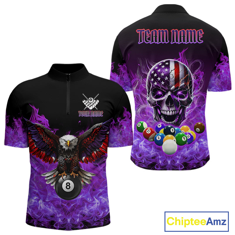 Men’s purple flame eagle skull billiard quarter zip shirt designed for tournaments and league nights.