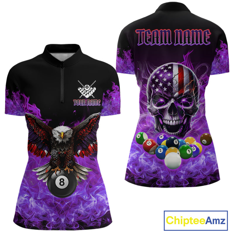 Women’s purple flame eagle skull billiard quarter zip shirt designed for tournaments and league nights.