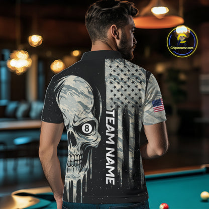 Grunge Camo Skull American Flag Billiard Shirt For Men Custom Patriotic 8 Ball Pool Team Jersey TDM4276