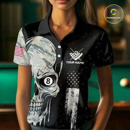 Grunge Camo Skull American Flag Billiard Shirt For Women Custom Patriotic 8 Ball Pool Team Jersey TDM4276