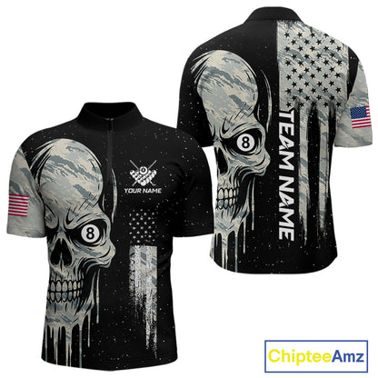 Grunge Camo Skull American Flag Billiard Shirt For Men Custom Patriotic 8 Ball Pool Team Jersey TDM4276