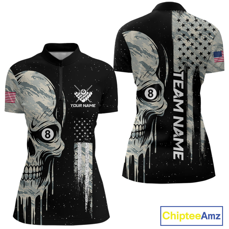Grunge Camo Skull American Flag Billiard Shirt For Women Custom Patriotic 8 Ball Pool Team Jersey TDM4276
