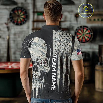 Grunge Camo Skull American Flag Dart Shirt For Men Custom Patriotic Dart Jersey Team Polo & 1/4 Zip TDM4277
