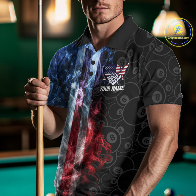 Man wearing a smoke American flag 8 ball billiard jersey front view.