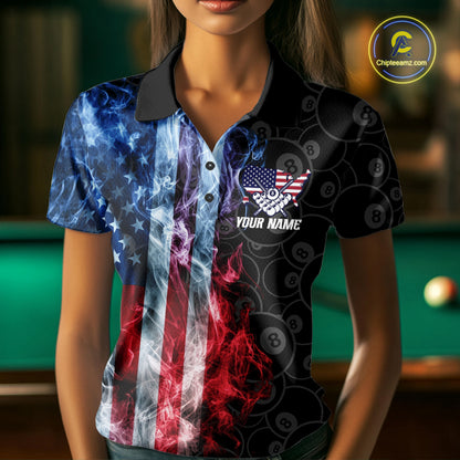 Woman wearing a smoke American flag 8 ball billiard jersey front view.