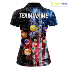 Load image into Gallery viewer, Patriotic smoke American flag 8 ball custom billiard polo shirt for women with USA graphics.