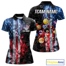 Load image into Gallery viewer, Smoke American flag 8 ball billiard polo shirt for women, custom patriotic pool team jersey.
