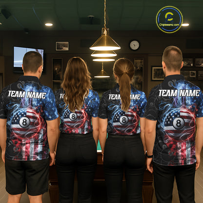 Back view of pool team wearing matching smoke American flag 8 ball pool billiard shirts.