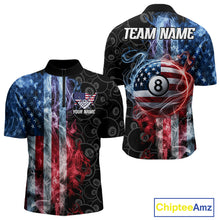 Load image into Gallery viewer, Smoke American flag 8 ball pool quarter zip billiard shirt for men, patriotic team jersey.