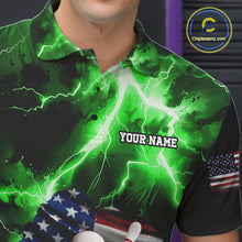 Load image into Gallery viewer, Close up of green lightning thunder American flag bowling polo shirt collar, buttons and chest design.