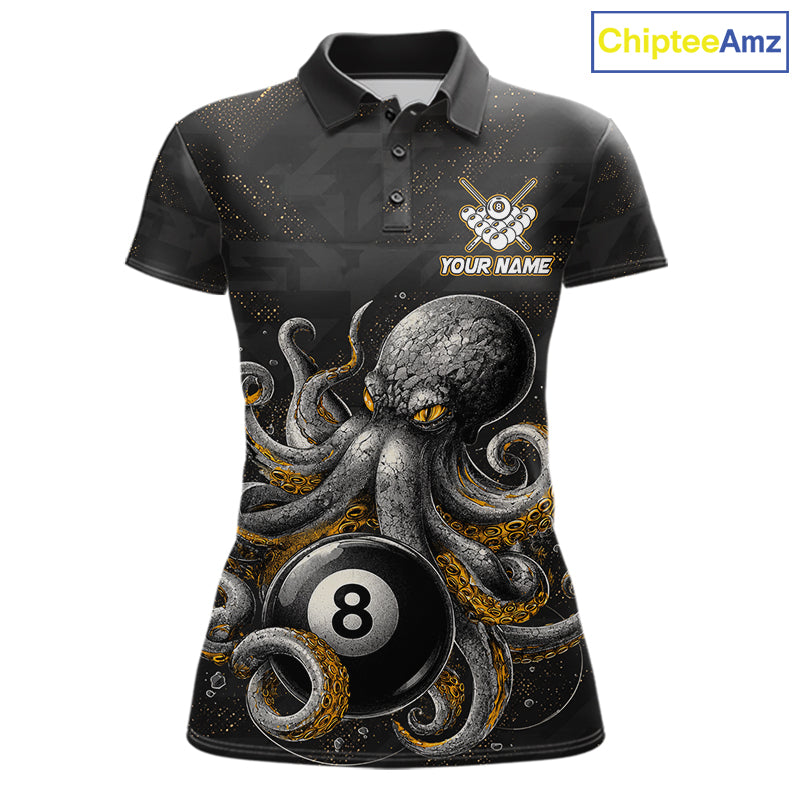 Personalized funny octopus 9 ball billiard polo shirt for women, custom pool team jersey apparel.