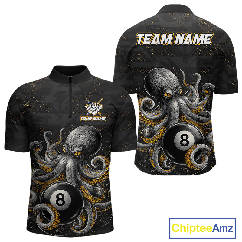 Funny octopus 8 ball quarter zip billiard shirt for men, personalized pool team jersey.