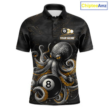 Load image into Gallery viewer, Funny octopus 8 ball and 9 ball billiard polo shirt for men, custom pool team jersey with ocean theme artwork.