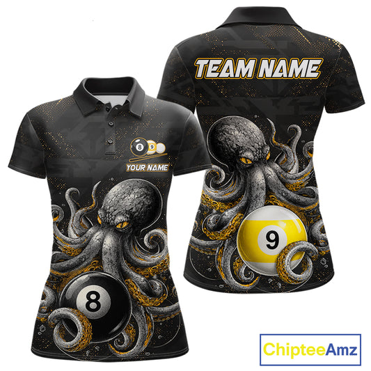 Funny octopus 8 ball and 9 ball billiard polo shirt for women, custom pool team jersey with ocean theme artwork.