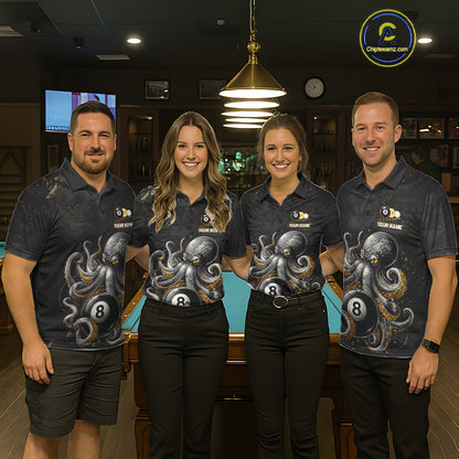 Pool team wearing matching funny octopus 8 ball and 9 ball billiard jerseys front view.