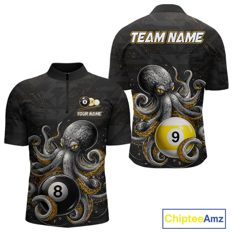 Funny octopus 8 ball and 9 ball quarter zip billiard shirt for men, custom pool team jersey.