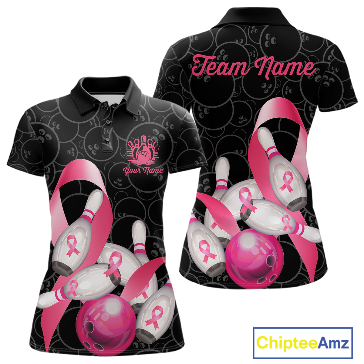 Pink ribbon breast cancer awareness bowling team jersey polo shirt for women featuring pink ribbon artwork, premium custom bowling league apparel for tournaments and team play.