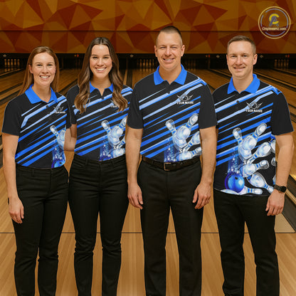 Bowling team wearing matching personalized black and blue glowing bowling team jerseys, front view.
