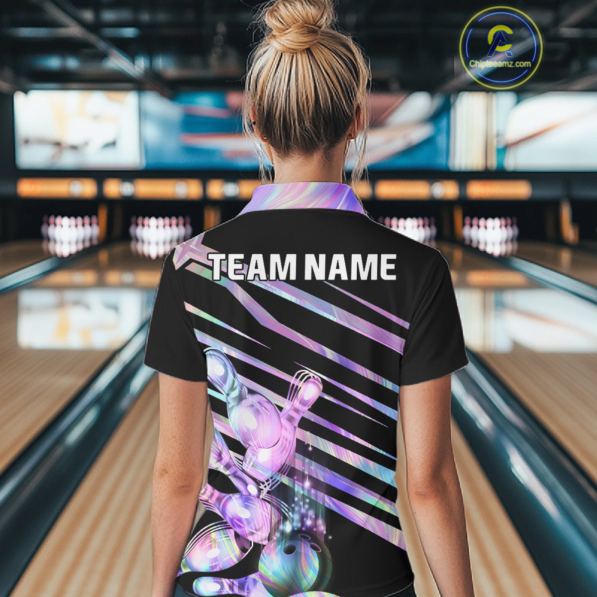 Woman wearing personalized holographic bowling team jersey polo shirt featuring holographic bowling artwork, back view.