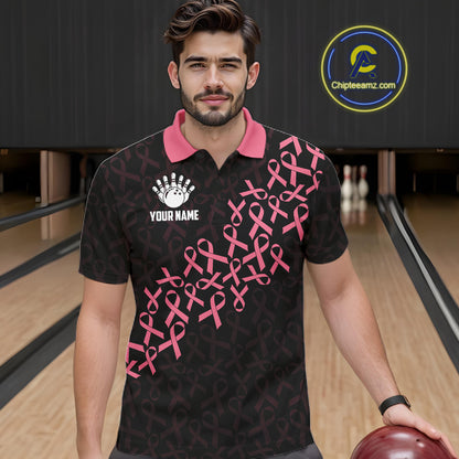 Man wearing pink ribbon American flag bowling team jersey polo shirt featuring breast cancer awareness artwork, front view.