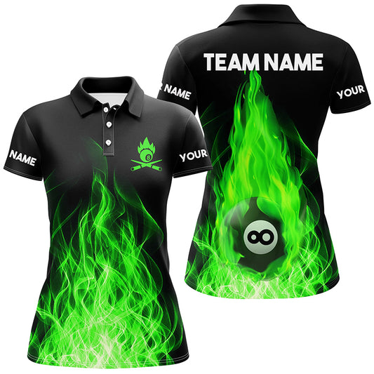 Custom Name Green Flaming Billiard 3D Polo Shirts For Women Custom Billiard 8 Ball For Team TDM0452