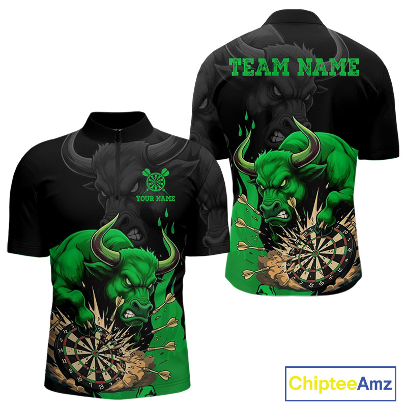 Black And Green Funny Bull Darts Shirt For Men Custom Dart Jersey Team Polo & 1/4 Zip TDM5123