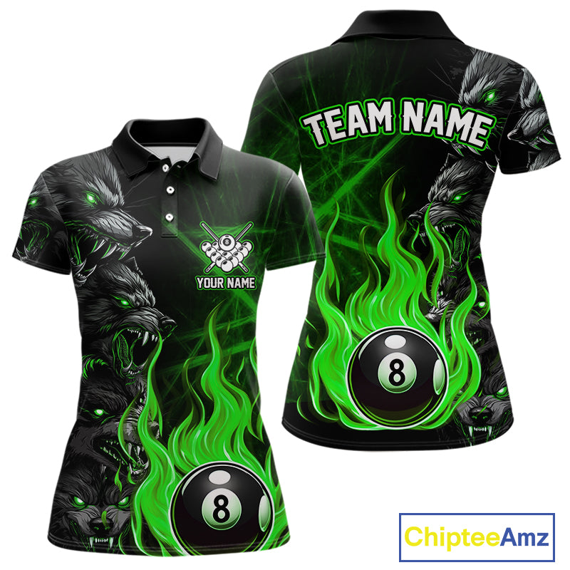 Personalized Wolf Flaming 8 Ball Pool Fire Women Billiard Shirts Team League Billiard Jerseys |Green TDM5596