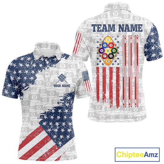 Grunge American Flag 9 Ball Billiard Shirt For Men Custom Patriotic Pool Team Jersey Polo, 1/4 Zip TDM5598