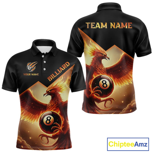 Orange 8 Ball Flame Phoenix Billiard Shirt For Men Custom Pool Team Jersey Polo & Quarter Zip TDM5603