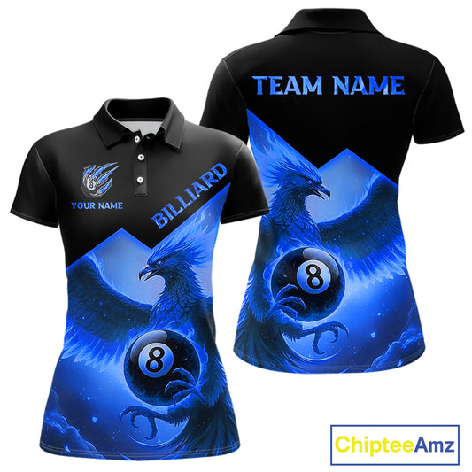 Blue 8 Ball Flame Phoenix Billiard Shirt For Women Custom Pool Team Jersey Polo & Quarter Zip TDM5604
