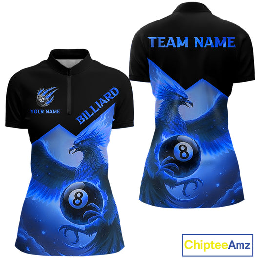 Blue 8 Ball Flame Phoenix Billiard Shirt For Women Custom Pool Team Jersey Polo & Quarter Zip TDM5604