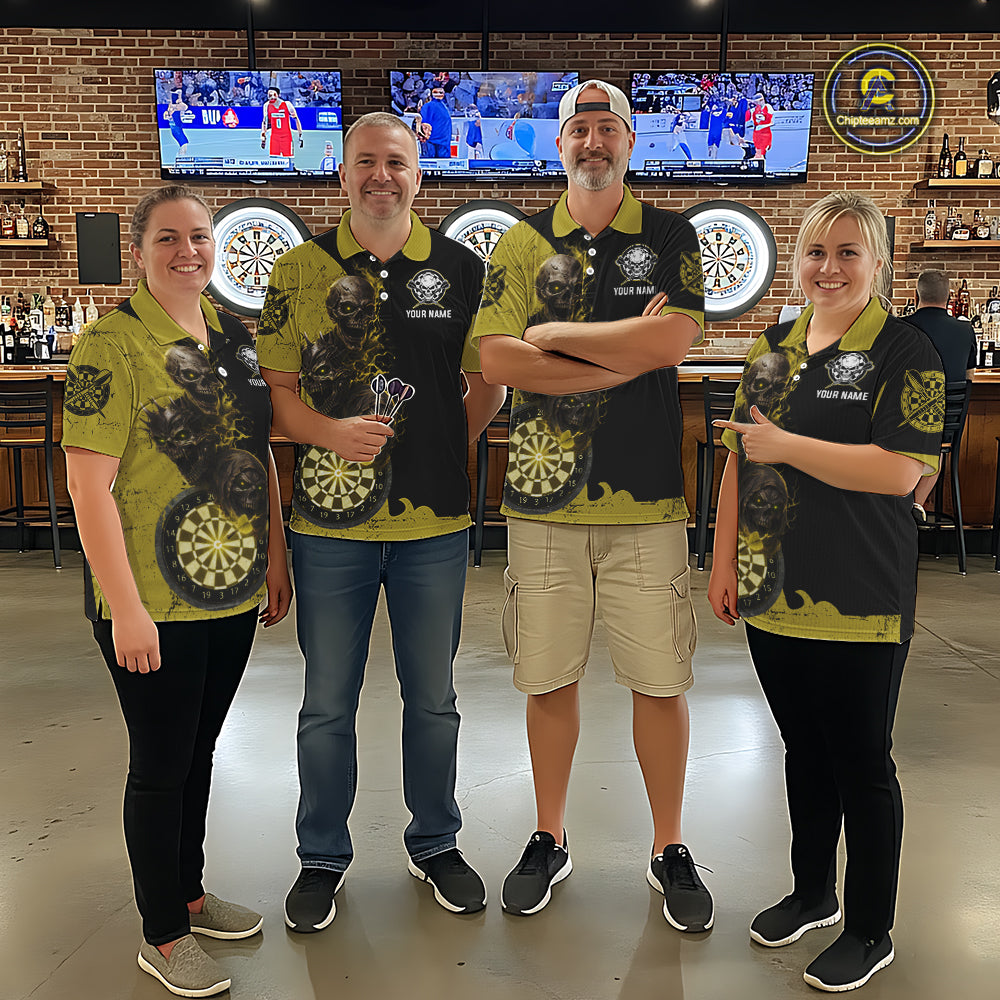 Personalized Yellow Black Skull Smoke Darts Shirt For Men Custom Darts Team Jersey Polo &1/4 Zip TDM5837