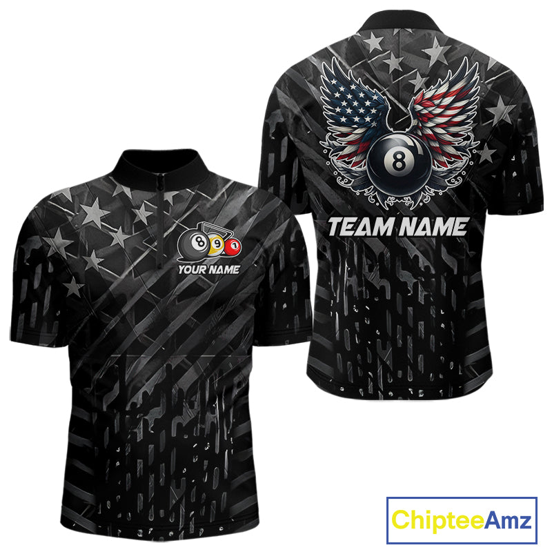 Black US Flag 8 Ball Pool Wings Billiard Shirt For Men Custom Billiard Team Jersey Polo & 1/4 Zip TDM5977