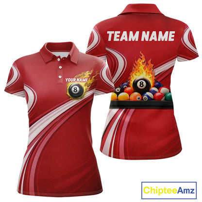Personalized Red Billiard Jersey For Women Custom Flame 8 Ball Pool Billiard Shirt Polo & 1/4 Zip TDM6447