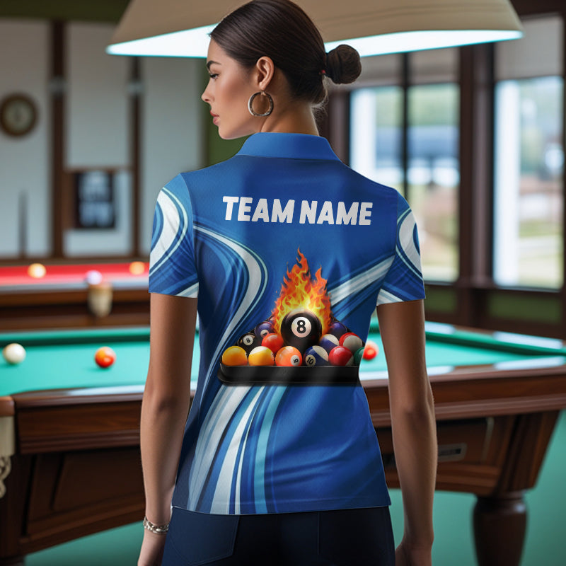 Personalized Blue Billiard Jersey For Women Custom Flame 8 Ball Pool Billiard Shirt Polo & 1/4 Zip TDM6448