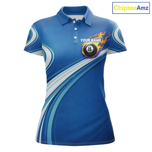 Personalized Blue Billiard Jersey For Women Custom Flame 8 Ball Pool Billiard Shirt Polo & 1/4 Zip TDM6448