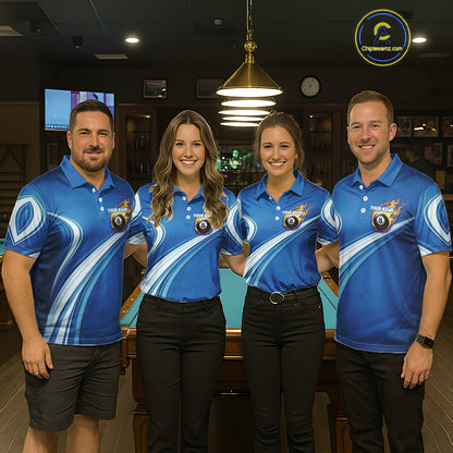 Personalized Blue Billiard Jersey For Men Custom Flame 8 Ball Pool Billiard Shirt Polo & 1/4 Zip TDM6448