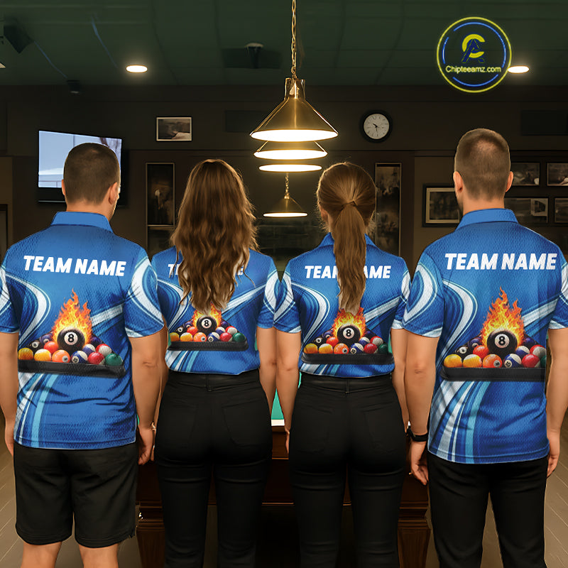 Personalized Blue Billiard Jersey For Men Custom Flame 8 Ball Pool Billiard Shirt Polo & 1/4 Zip TDM6448