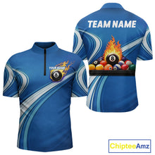 Load image into Gallery viewer, Personalized Blue Billiard Jersey For Men Custom Flame 8 Ball Pool Billiard Shirt Polo &amp; 1/4 Zip TDM6448