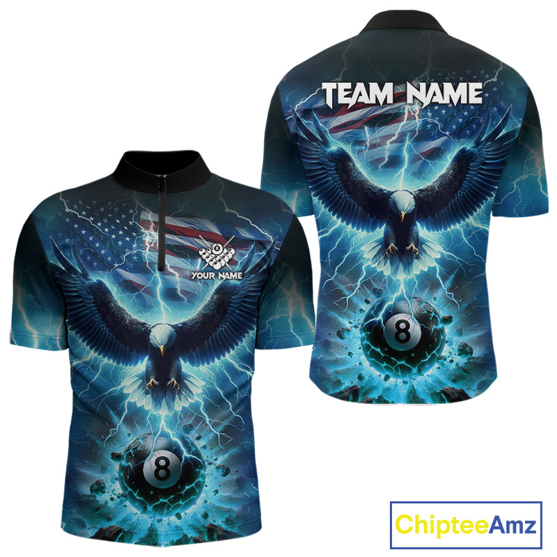 Blue American Flag Eagle Billiard Shirt For Men Custom 8 Ball Thunder Lightning Pool Team Jersey TDM4104