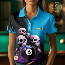 Load image into Gallery viewer, Custom Blue Flaming Grim Reaper 8 Ball Pool Billiard Shirt For Women, Funny Skull Pool Team Jersey TDM4280