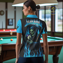 Load image into Gallery viewer, Custom Blue Flaming Grim Reaper 8 Ball Pool Billiard Shirt For Women, Funny Skull Pool Team Jersey TDM4280