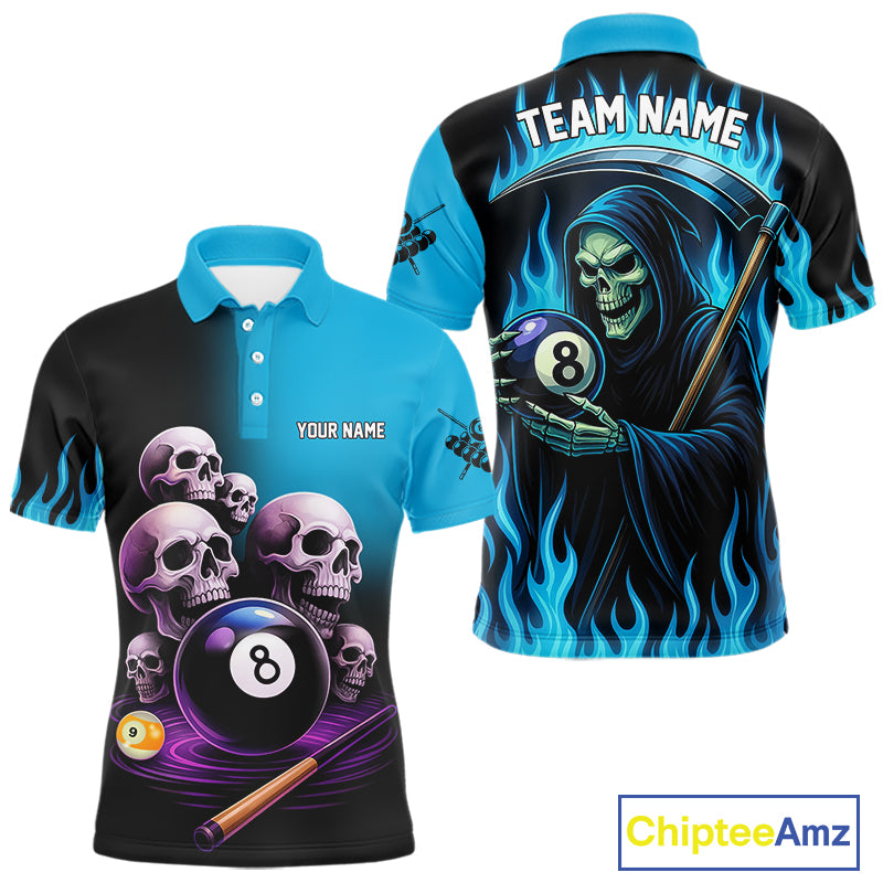 Custom Blue Flaming Grim Reaper 8 Ball Pool Billiard Shirt For Men, Funny Skull Pool Team Jersey TDM4280