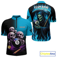 Load image into Gallery viewer, Custom Blue Flaming Grim Reaper 8 Ball Pool Billiard Shirt For Men, Funny Skull Pool Team Jersey TDM4280