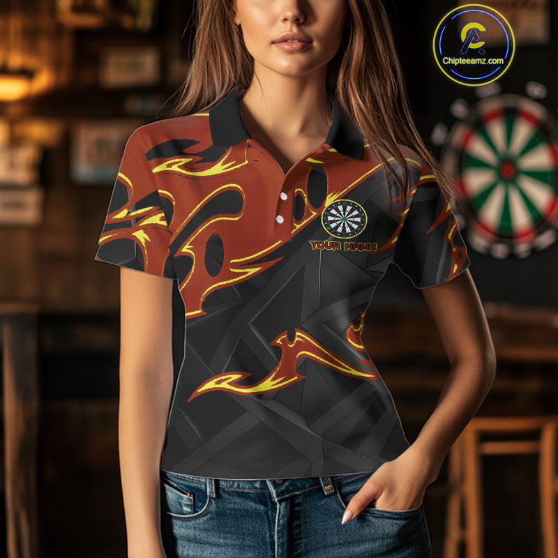 Custom Black And Orange Tribal Flame Dart Shirts For Women, Darts Team Jerseys Polo & Quarter Zip TDM4285