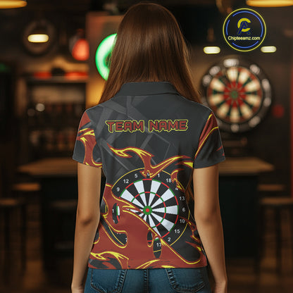 Custom Black And Orange Tribal Flame Dart Shirts For Women, Darts Team Jerseys Polo & Quarter Zip TDM4285