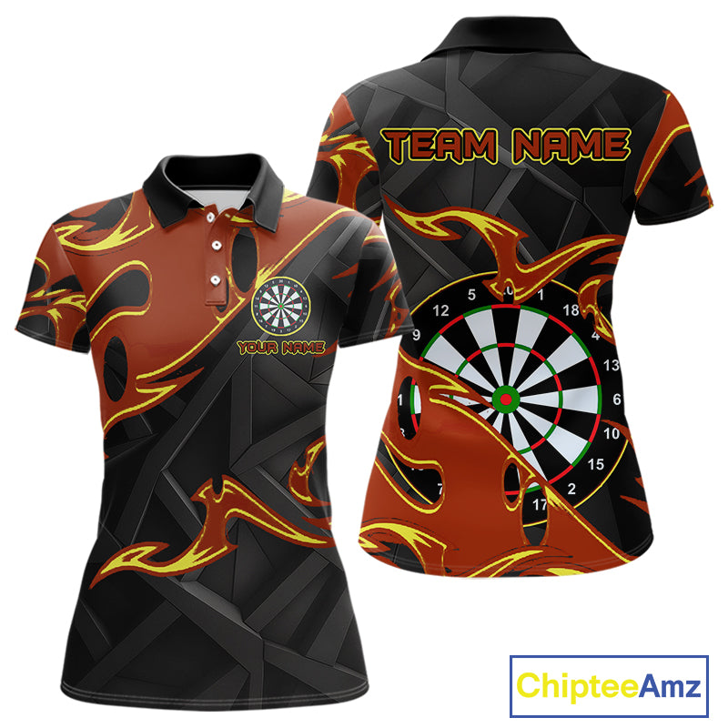 Custom Black And Orange Tribal Flame Dart Shirts For Women, Darts Team Jerseys Polo & Quarter Zip TDM4285