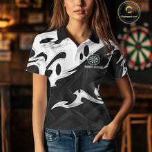 Load image into Gallery viewer, Custom Black And White Tribal Flame Dart Shirts For Women, Darts Team Jerseys Polo &amp; Quarter Zip TDM4286