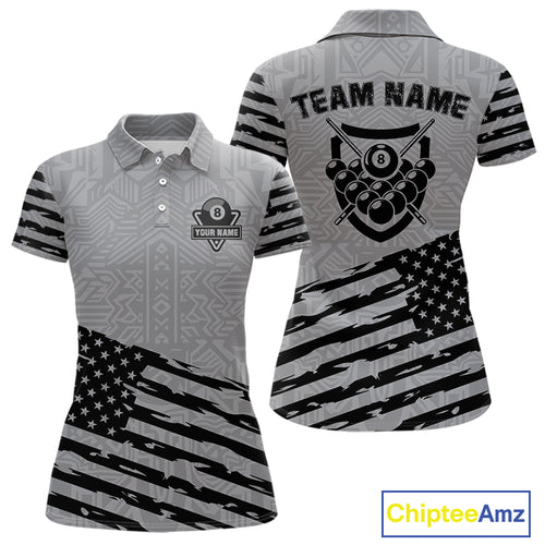 Personalized Grey US Flag 8 Ball Billiard Shirt For Women Custom Patriotic Billiard Pool Jerseys TDM4904