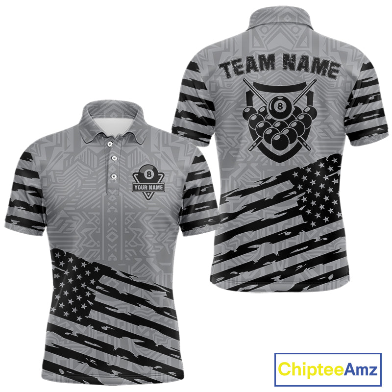 Personalized Grey US Flag 8 Ball Billiard Shirt For Men Custom Patriotic Billiard Pool Jerseys TDM4904